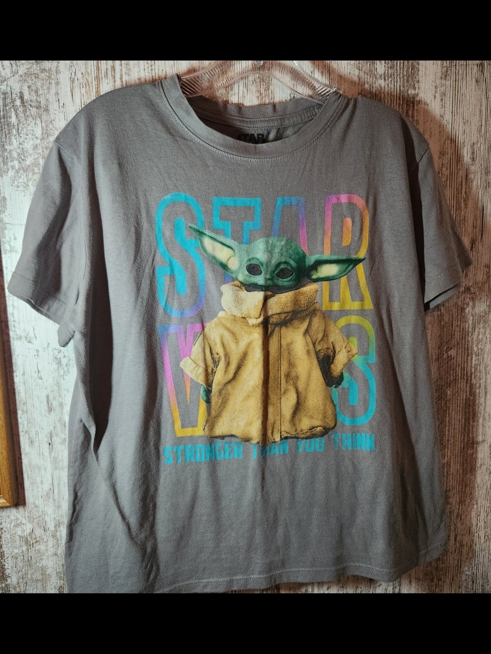Star Wars Gray Grogu Short Sleeve Tee  Rainbow Logo "Stronger Than You Think"